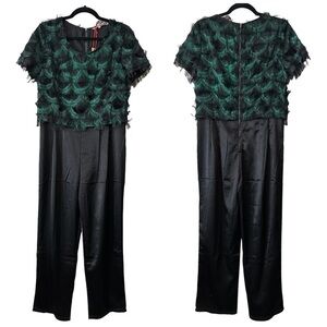 NEW LAFFAIRE Wispy Fringe Metallic Green Top Black Satin Bottom Jumpsuit